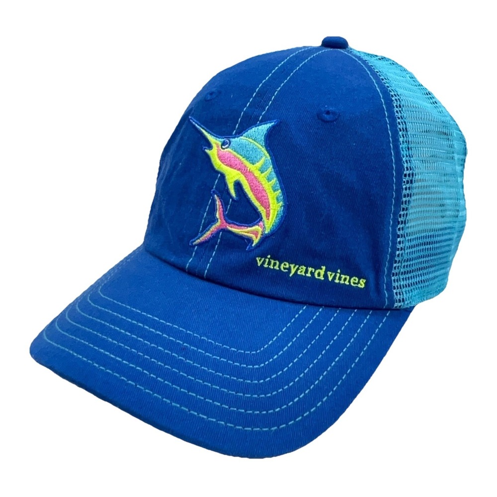 Vineyard Vines Hat Cap Strap Back Blue Trucker Mesh Marlin Fish Retro Beach